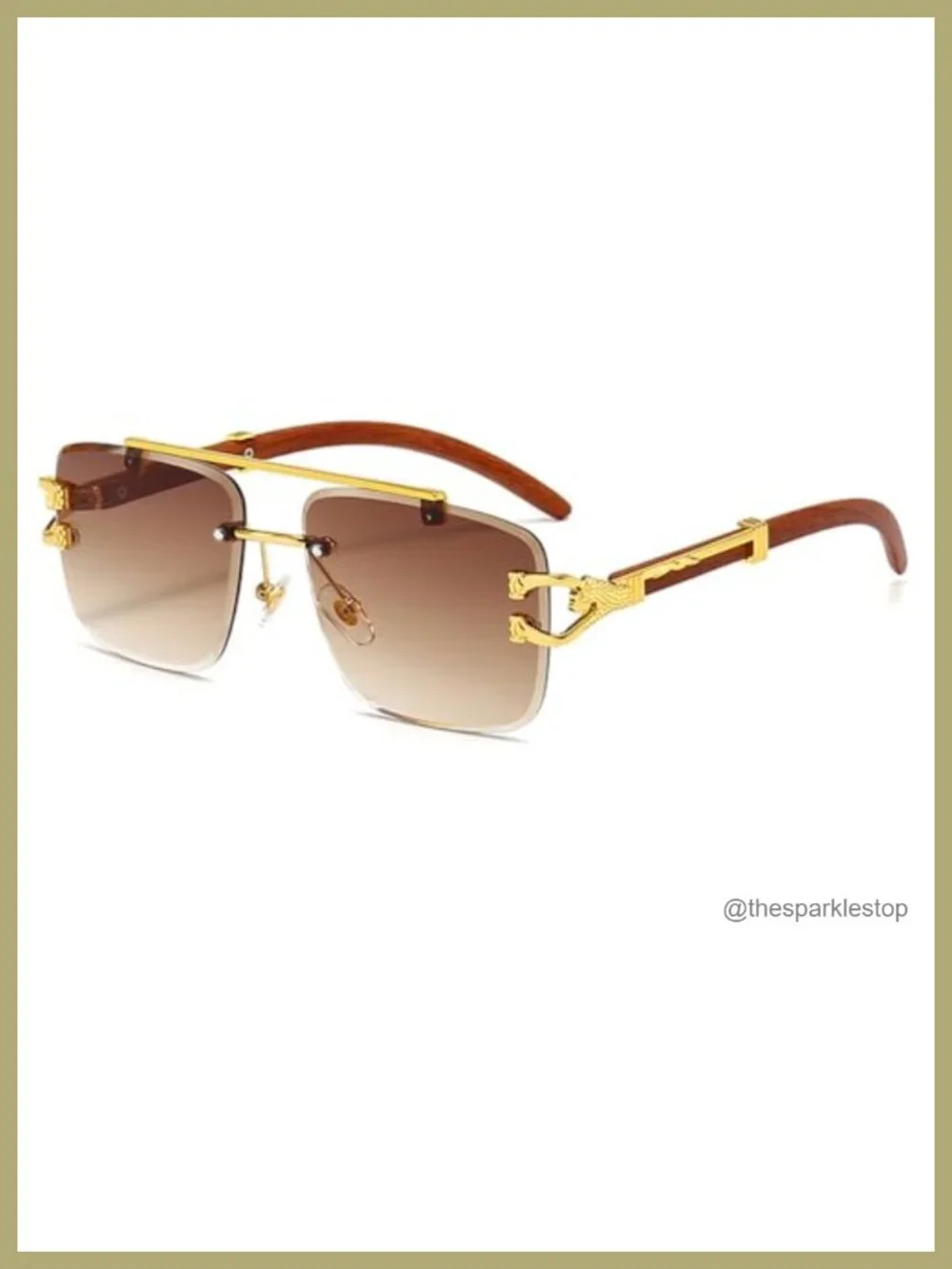 Oversized Rimless Square Sunglasses for Men Women Retro Imitation Wooden